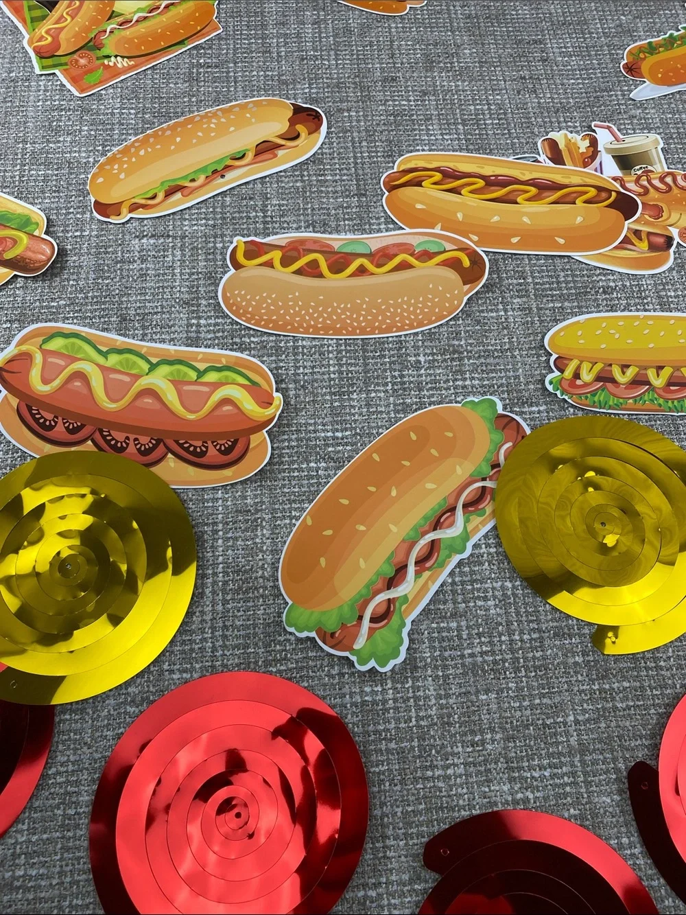 Hot Dog Party ceiling Confetti spirals  - Yellow and Red food truck decor